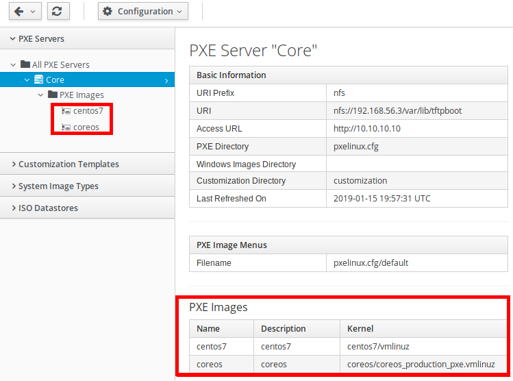 List of available PXE images.